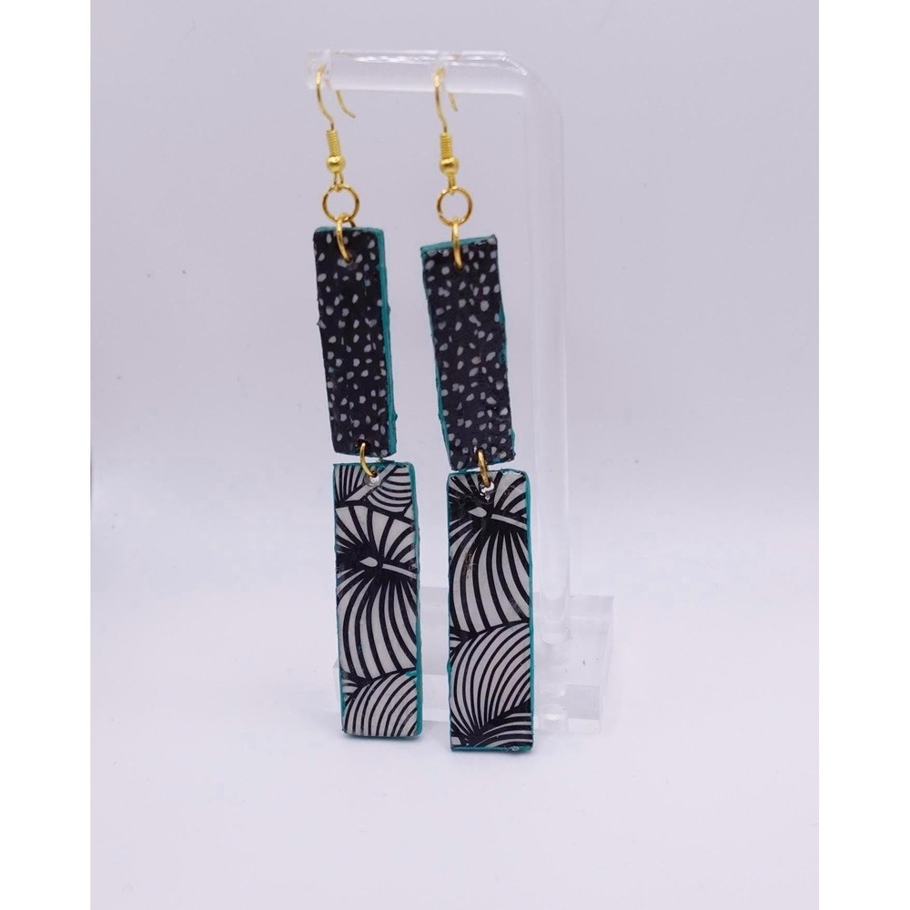 Wood Dangle Earrings, Black White Geometric Aqua Edge, Boho Statement Drop